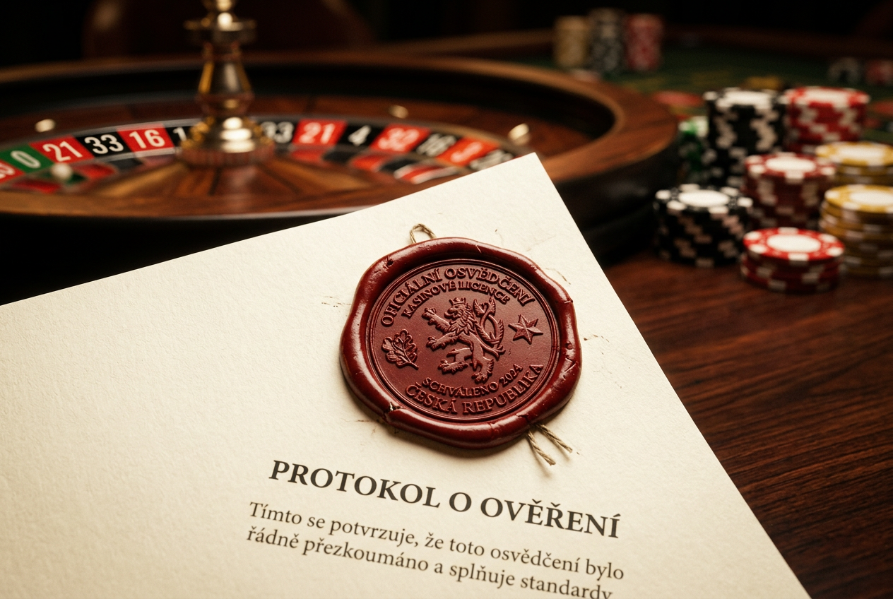 Detailní pohled na oficiální certifikát s pečetí v kasinovém prostředí