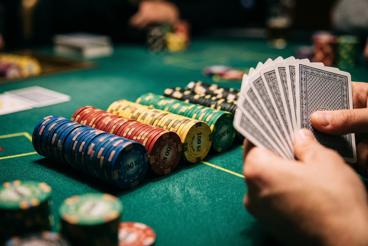Detailní záběr na hromádky pokerových žetonů a vějíř karet na zeleném plátně