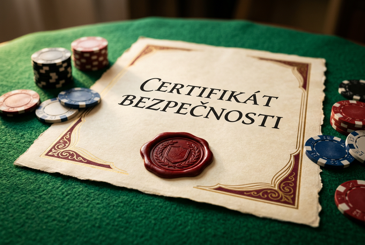 Infografika zobrazující čistý certifikát s českým textem CERTIFIKÁT BEZPEČNOSTI a logem MFČR na pozadí kasinových žetonů